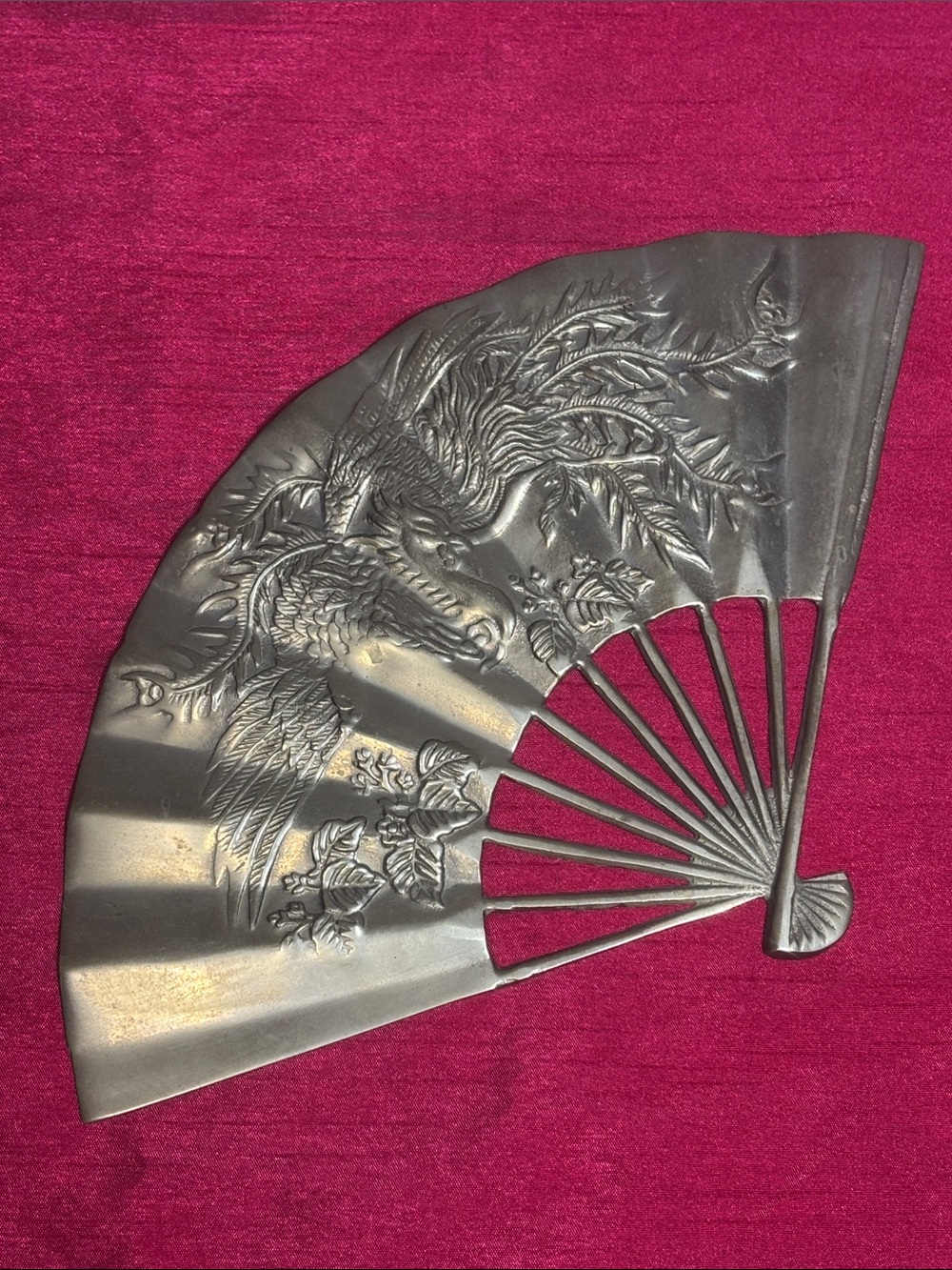 Vintage Solid Brass Wall Hanging Fan, Mid-Century Asian Phoenix & Blossom Decor